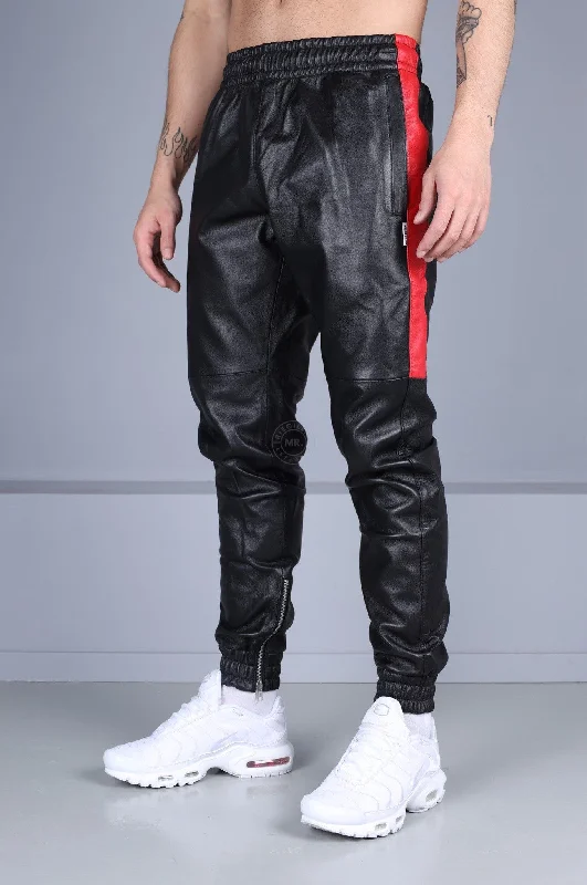 Black Leather Tracksuit Pants - Red Stripe