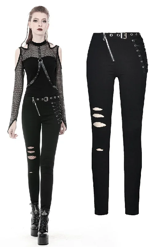 Punk hollow leg asymmetrical elastic trousers PW095