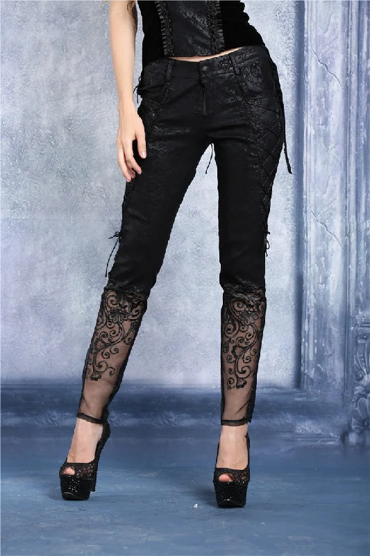 Transparent embroidered plum pattern leather pants PW072