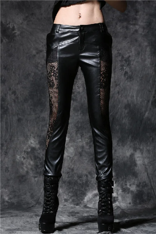 Gothic punk leather pants with lace and elegant curve segmentation PW076