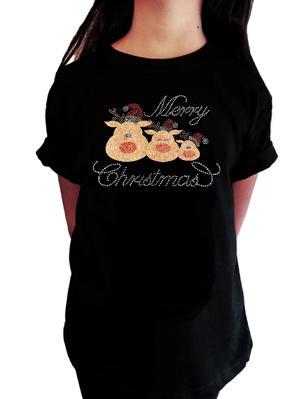 Girls Glitter and Rhinestone T-Shirt " Merry Christmas 3 Reindeer " Kids Size 3 to 14 Available