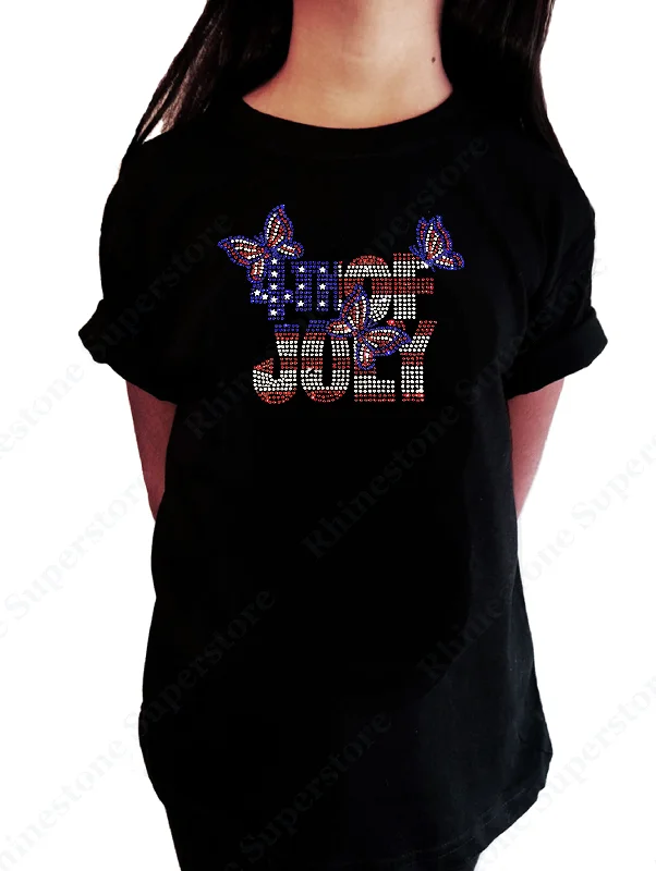 Girls Rhinestone T-Shirt " 4th of July with Butterflies in Rhinestones " Kids Size 3 to 14 Available