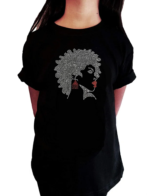 Girls Rhinestone T-Shirt " Afro Girl with Red Earrings and Lipstick in Rhinestones " Kids Size 3 to 14 Available