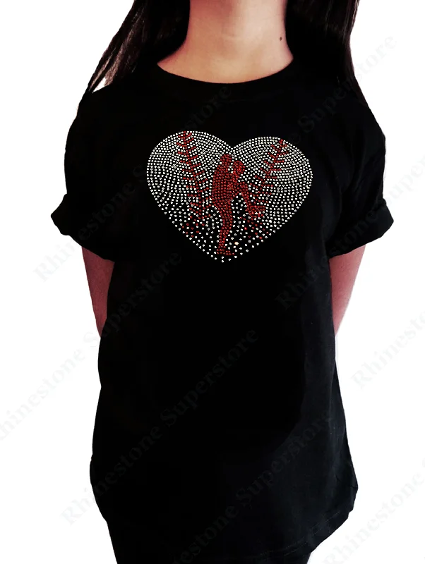 Girls Rhinestone T-Shirt " Baseball Heart with Pitcher in Rhinestones " Kids Size 3 to 14 Available