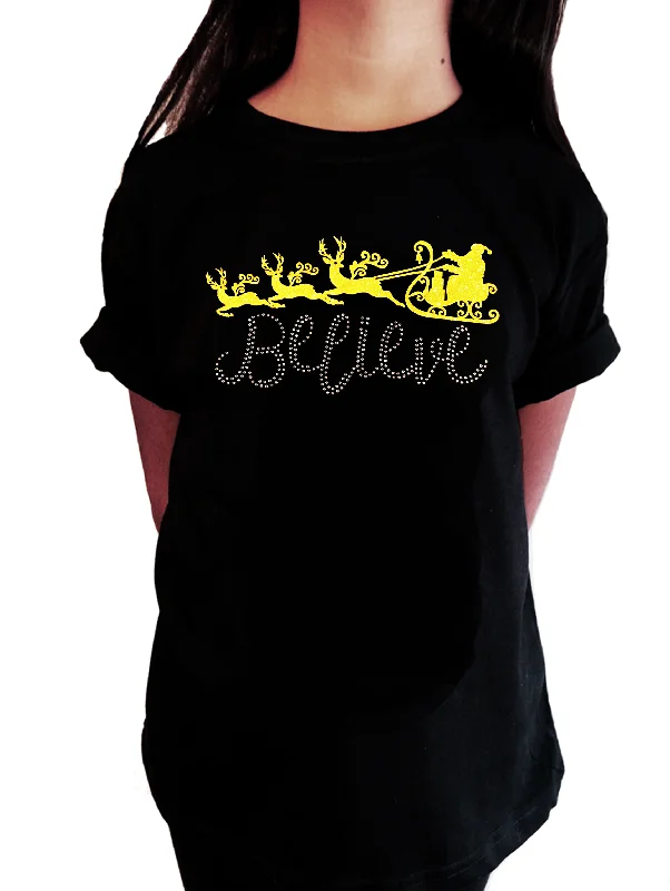 Girls Rhinestone T-Shirt " Believe with Santa Slay in Glitters and Rhinestones " Kids Size 3 to 14 Available