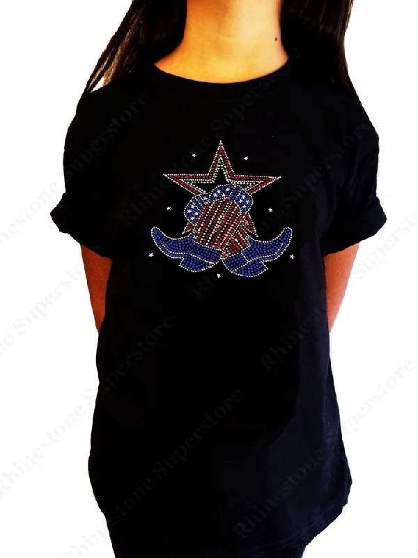 Girls Rhinestone T-Shirt " Boots and Star " Size 3 to 14 Available 4th of July