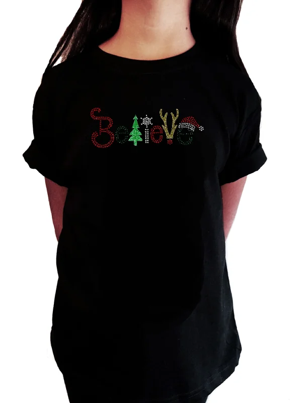 Girls Rhinestone T-Shirt " Christmas Believe in Glitters and Rhinestones " Kids Size 3 to 14 Available