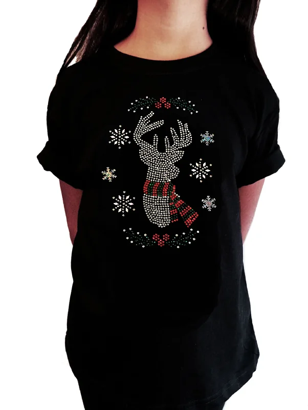 Girls Rhinestone T-Shirt " Christmas Reindeer with Snowflakes in Rhinestones " Kids Size 3 to 14 Available