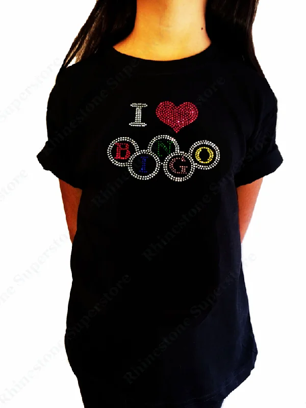 Girls Rhinestone T-Shirt " I Love Bingo " Kids Size 3 to 14 Available, Colorful Bling