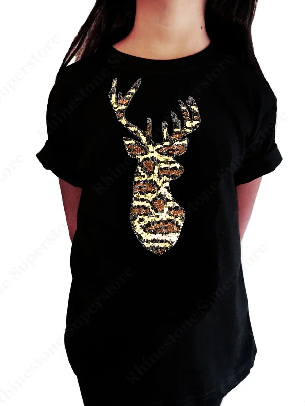 Girls Rhinestone T-Shirt " Leopard Print Reindeer in Sequence " Kids Size 3 to 14 Available