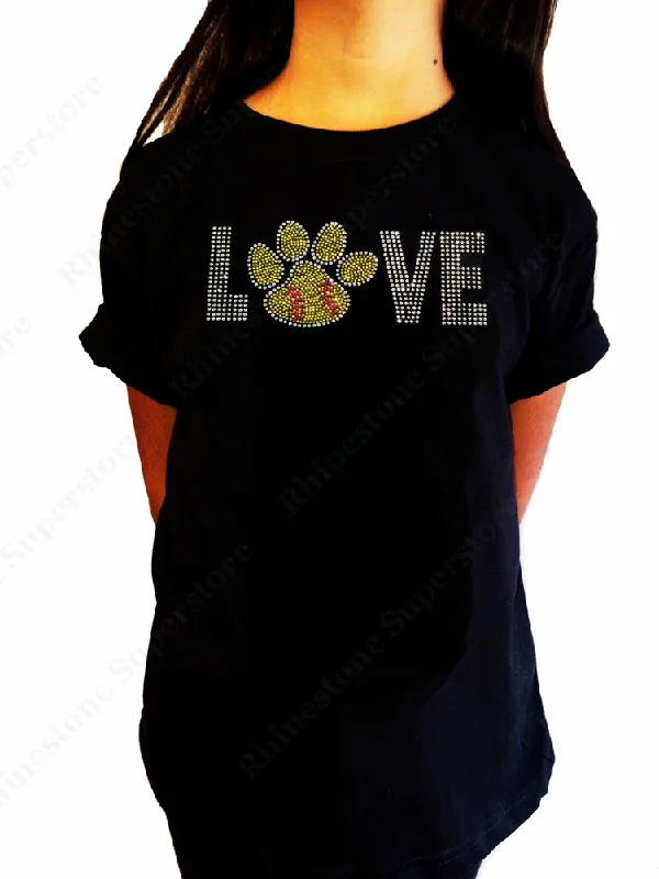 Girls Rhinestone T-Shirt " Love Softball Paw " Size 3 to 14 Available, Sports Bling