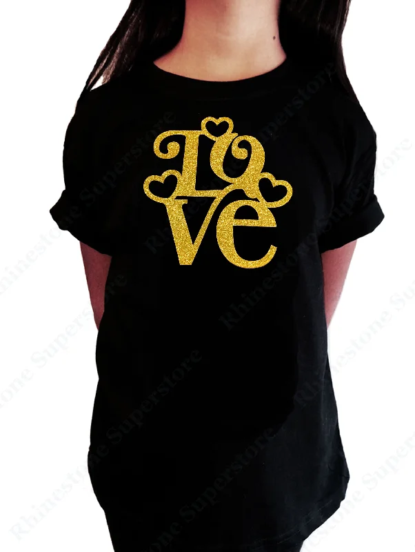 Girls Rhinestone T-Shirt " Love with Hearts in Gold Glitters " Kids Size 3 to 14 Available