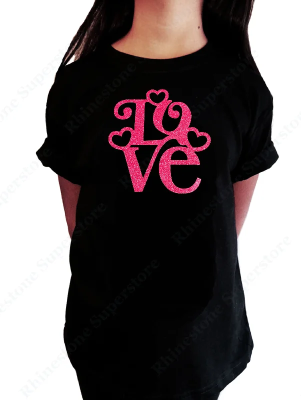 Girls Rhinestone T-Shirt " Love with Hearts in Pink Glitters " Kids Size 3 to 14 Available