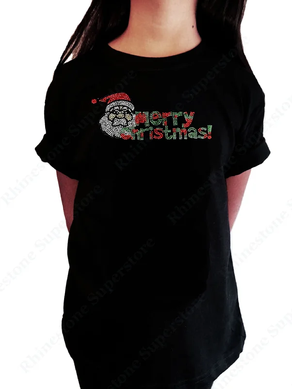 Girls Rhinestone T-Shirt " Merry Christmas Santa in Rhinestones " Kids Size 3 to 14 Available