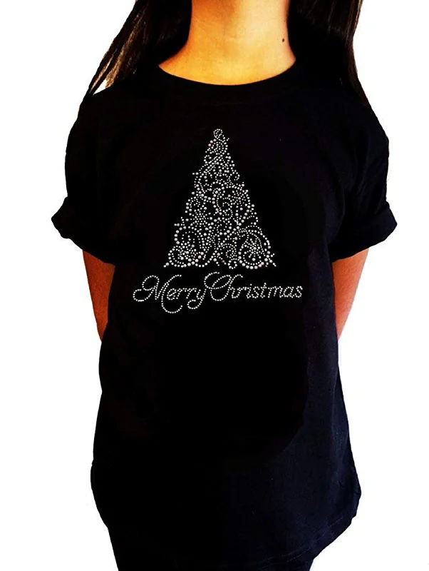 Girls Rhinestone T-Shirt " Merry Christmas Tree in Crystal and Pearl " Size 3 to 14 Available