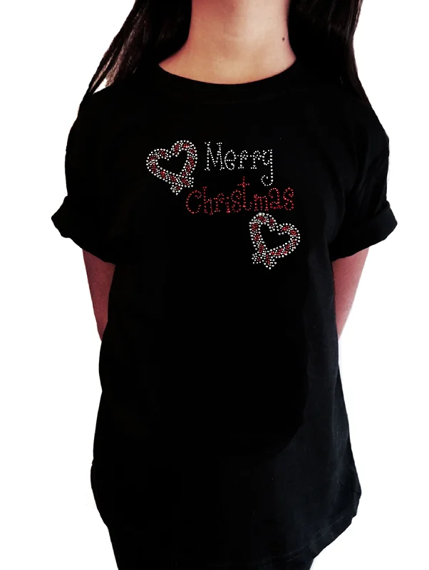 Girls Rhinestone T-Shirt " Merry Christmas with Heart Candy Cane in Rhinestones " Kids Size 3 to 14 Available