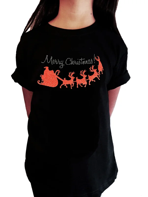 Girls Rhinestone T-Shirt " Merry Christmas with Red Santa Sleigh in Glitters and Rhinestones " Kids Size 3 to 14 Available