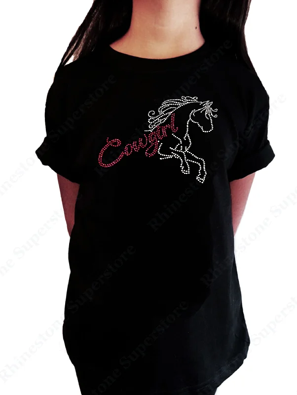 Girls Rhinestone T-Shirt " Pink Cowgirl with Horse in Rhinestones " Kids Size 3 to 14 Available