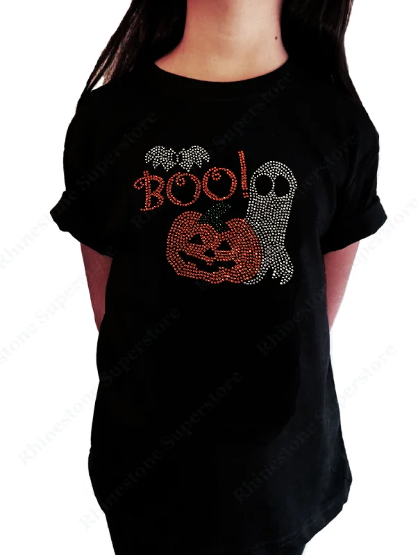 Girls Rhinestone T-Shirt " Pumpkin and Ghost with Boo for Halloween " Kids Size 3 to 14 Available