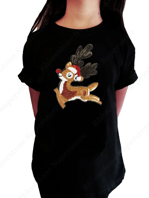 Girls Rhinestone T-Shirt " Rudolph The Red Nose Reindeer in Sequence " Kids Size 3 to 14 Available