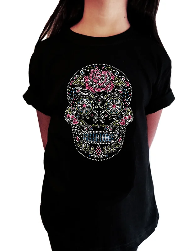 Girls Rhinestone T-Shirt " Sugarskull with Flower in Rhinestones" Kids Size 3 to 14 Available