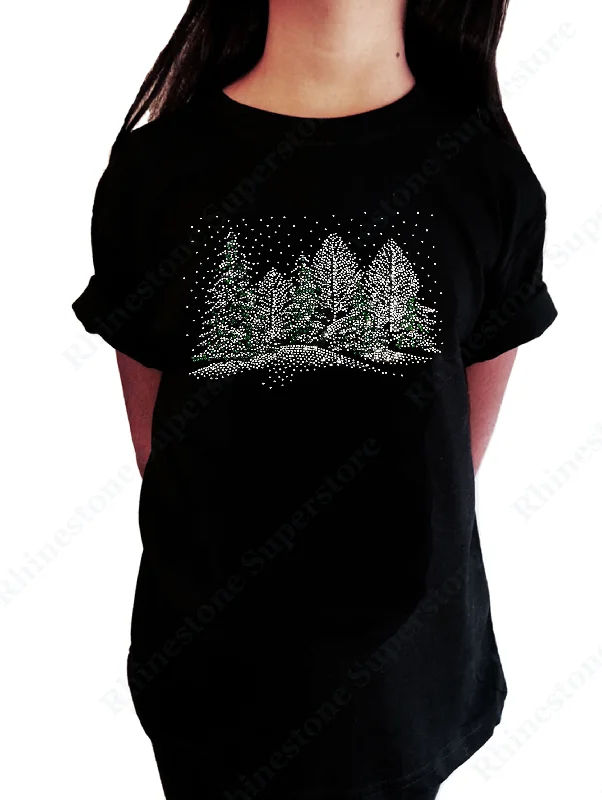 Girls Rhinestone T-Shirt " Winter Scene with Snow and Christmas Trees in Rhinestones " Kids Size 3 to 14 Available