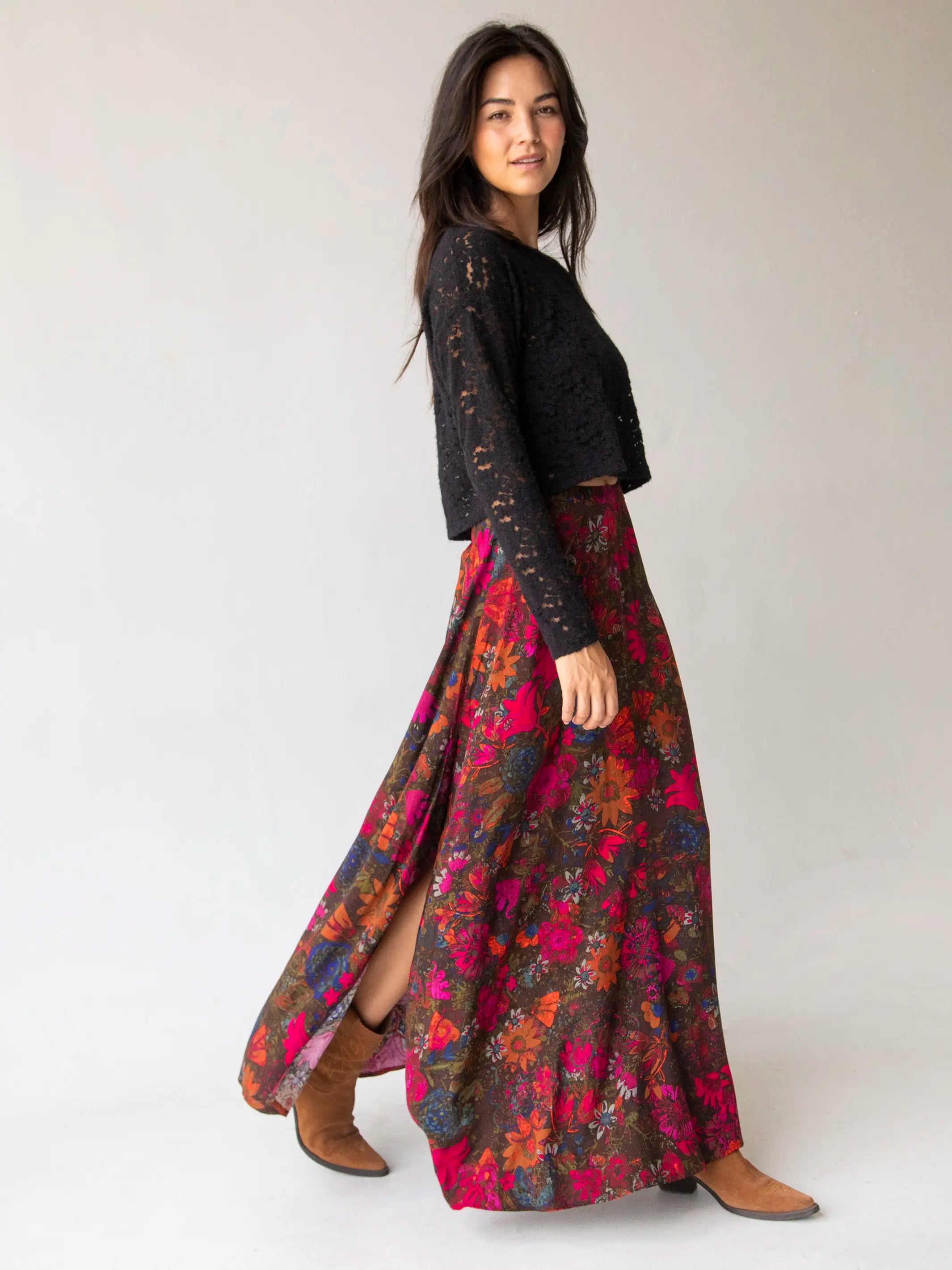 Ginger Side-Slit Maxi Skirt - Indigo Pink Orange