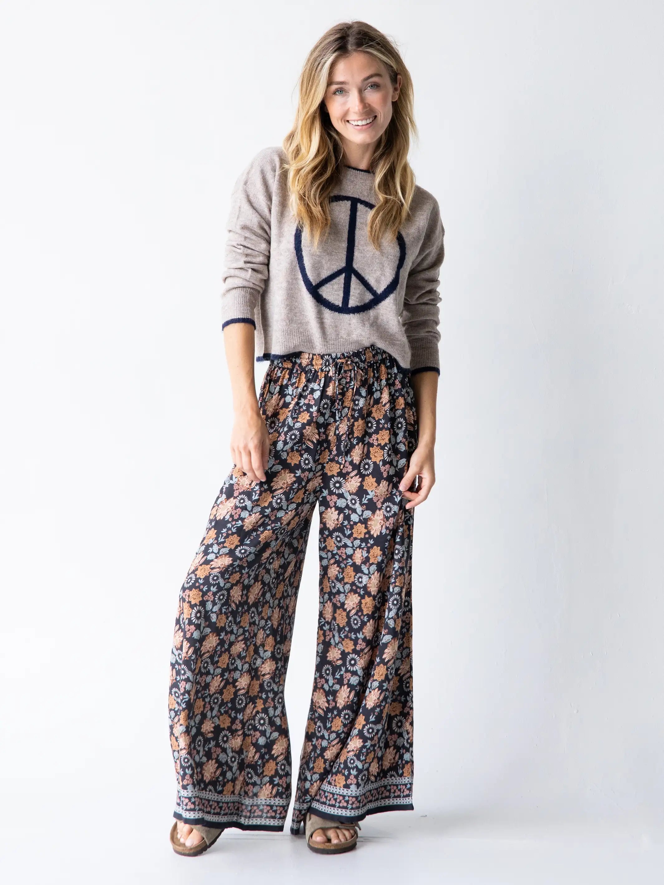 Go With The Flow Wide Leg Pant - Charcoal Light Blue Floral Border