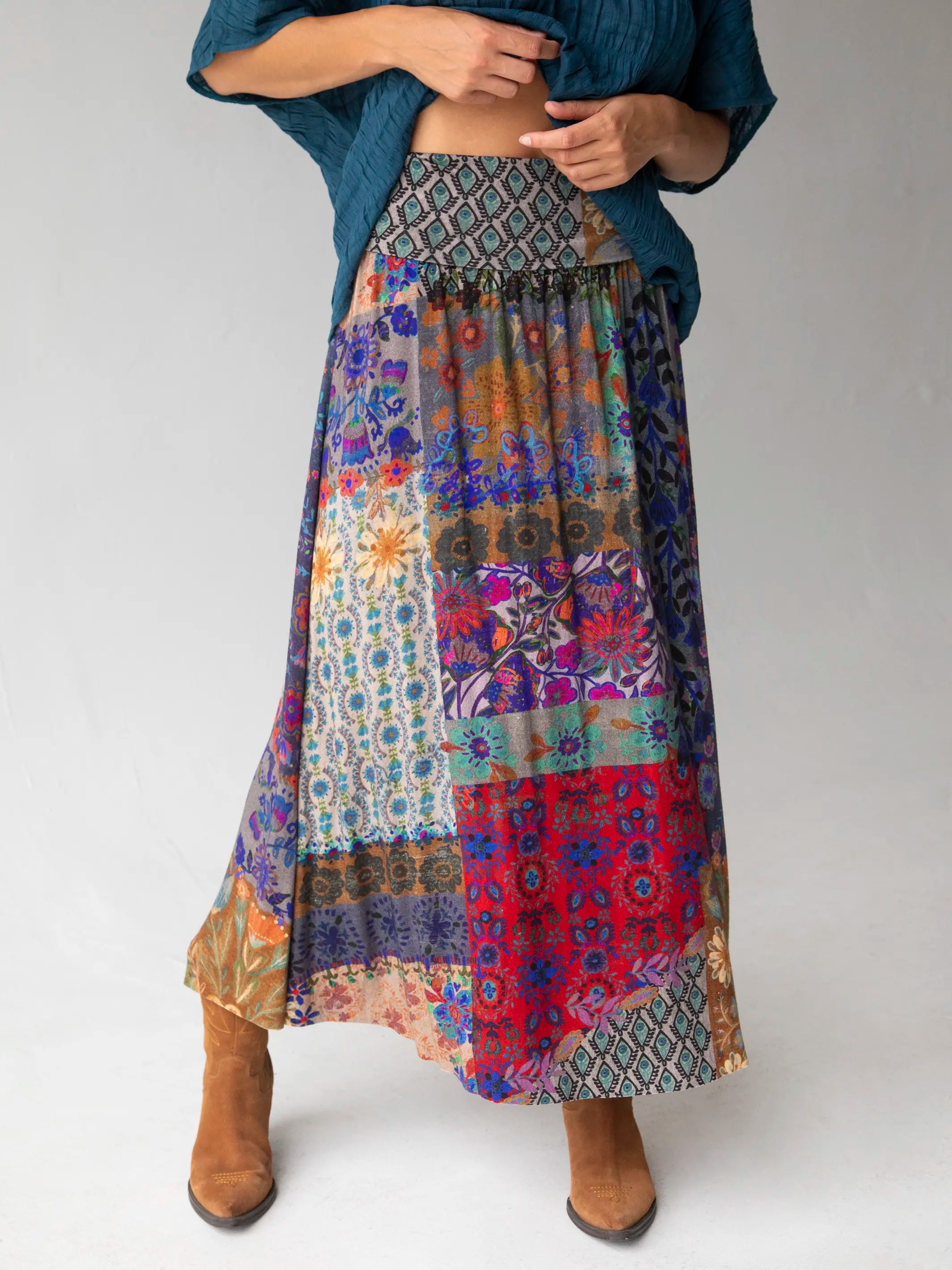 Live-In-It Knit Maxi Skirt - Blue Patchwork