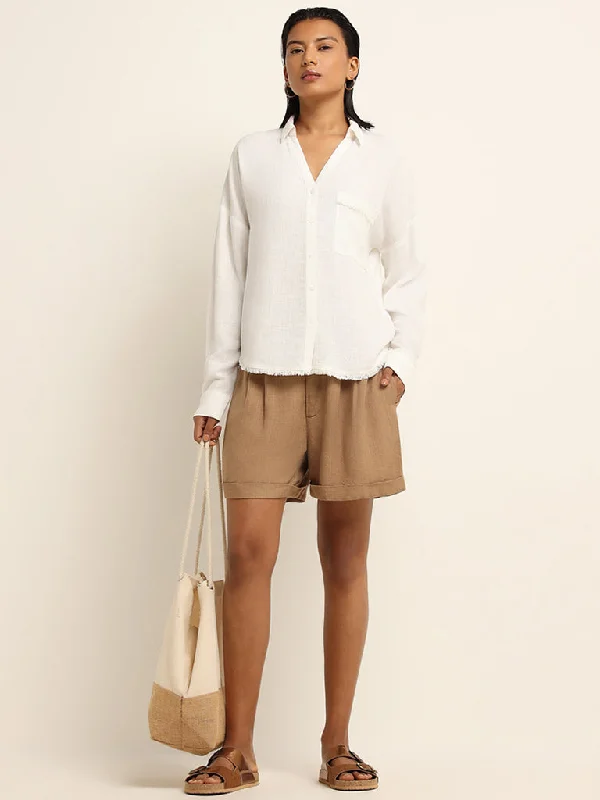 LOV Beige Mid Rise Blended Linen Shorts