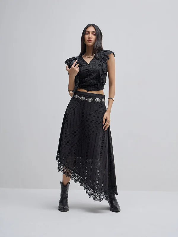 LOV Black Schiffli Design Asymmetrical Cotton Skirt