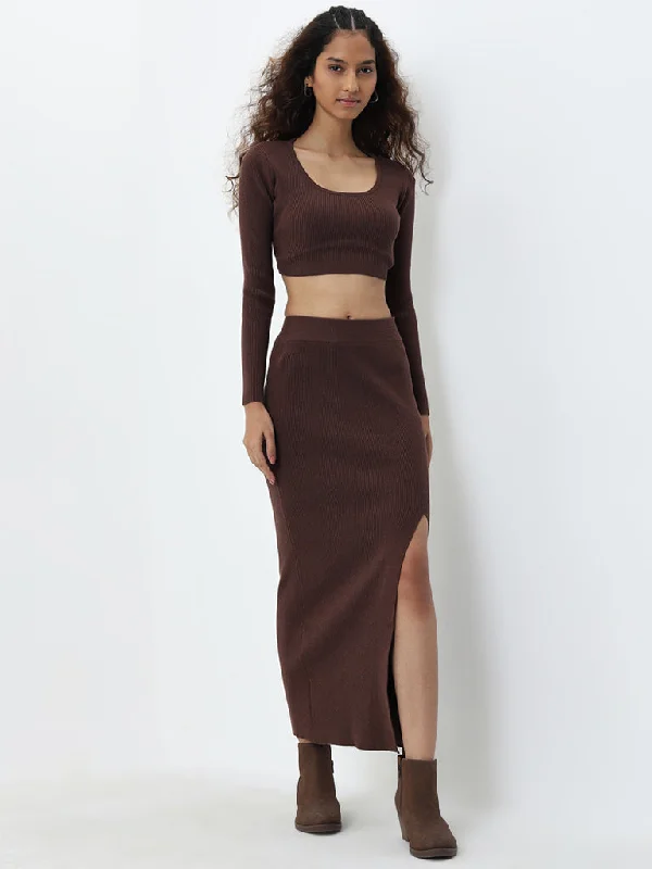 Nuon Brown Ribbed Textured High-Rise Skirt