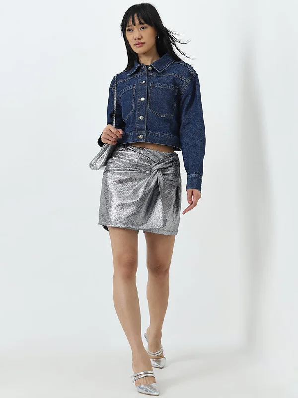 Nuon Silver Metallic Knot-Detail High-Rise Cotton Skort