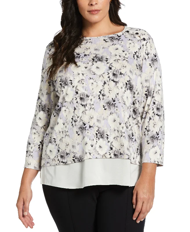 Plus Size Floral Print Rivet Detail Layered Top