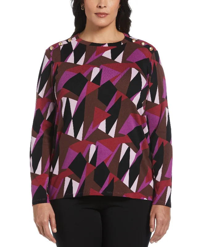 Plus Size Geo Print Ribbed Button Detail Top