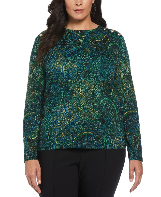 Plus Size Paisley Print Button Detail Top