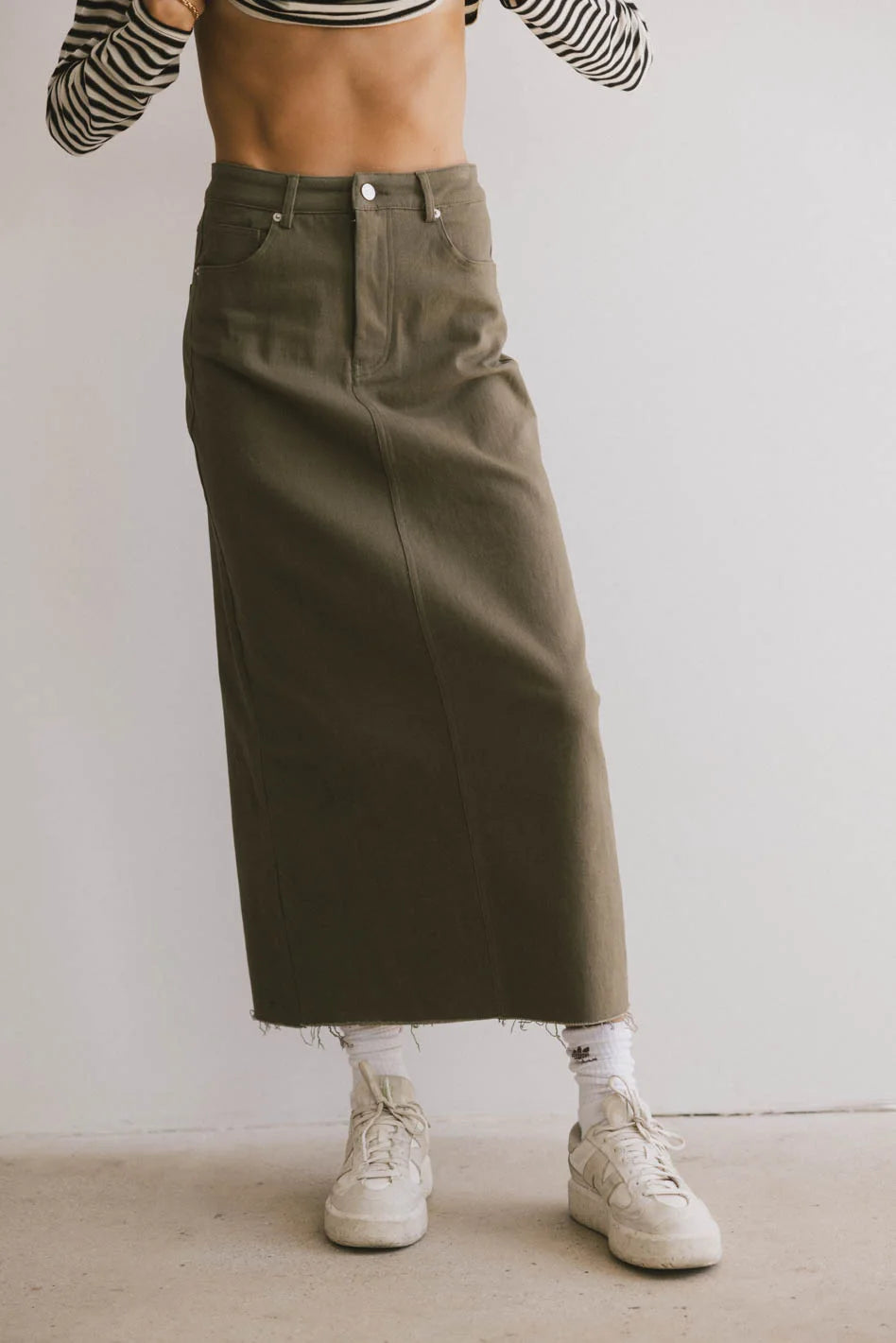 Rylie Denim Maxi Skirt in Olive