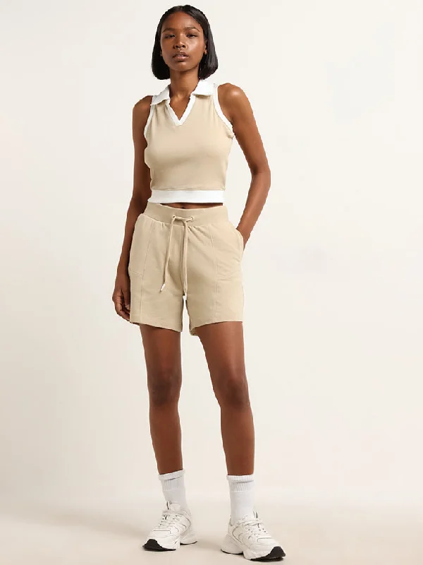 Studiofit Beige Cotton Mid Rise Shorts