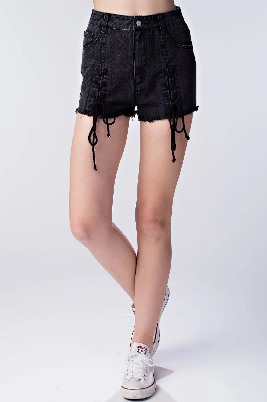 Lace Up Frayed Denim Shorts, Black