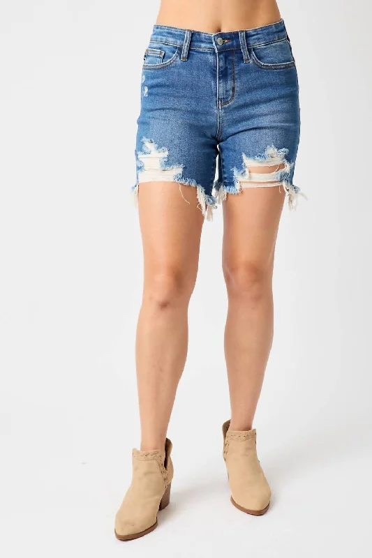 Mid Rise Destroy Frey Hem Shorts In Blue