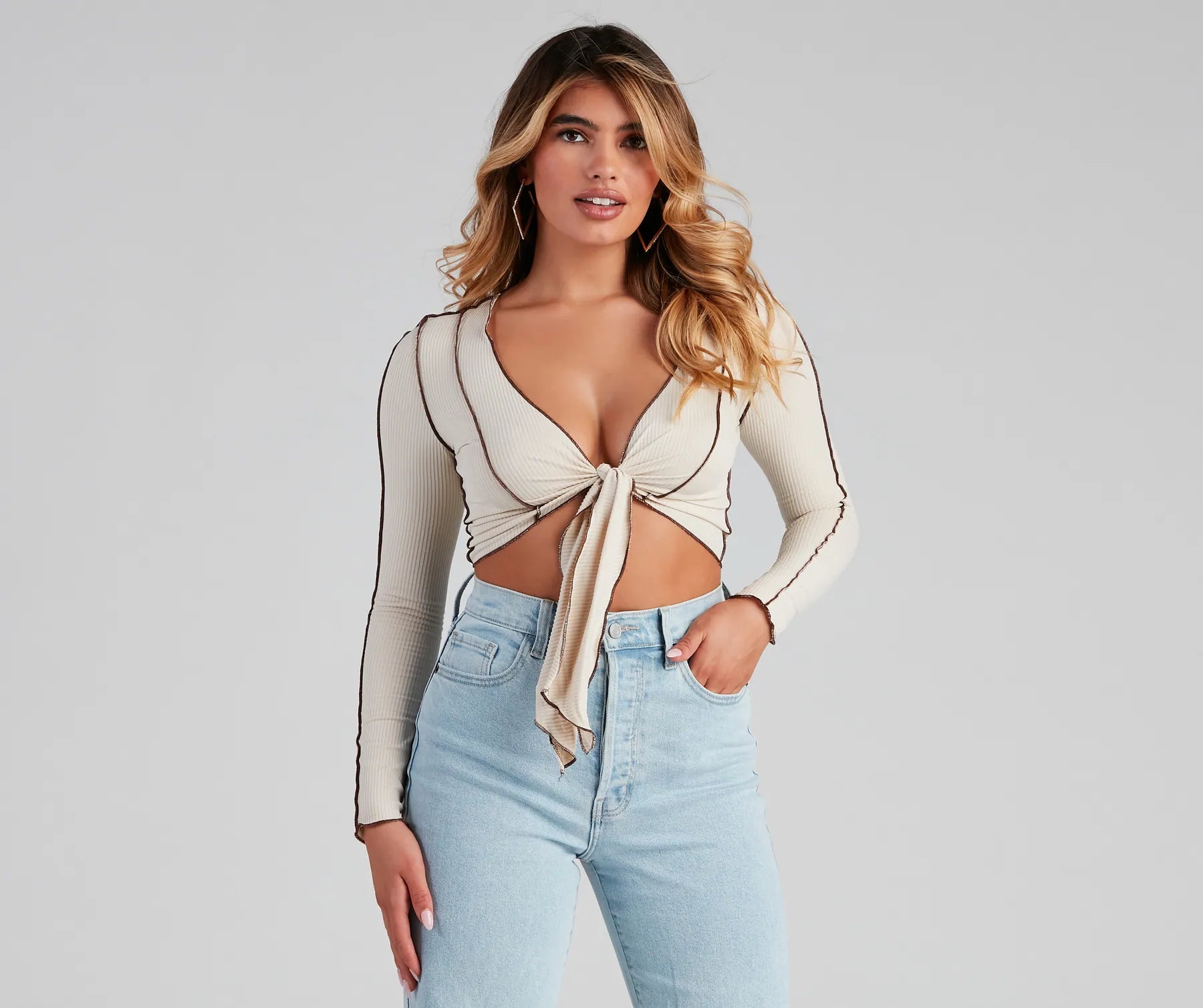 Trendy Ribbed Knit Tie-Front Top