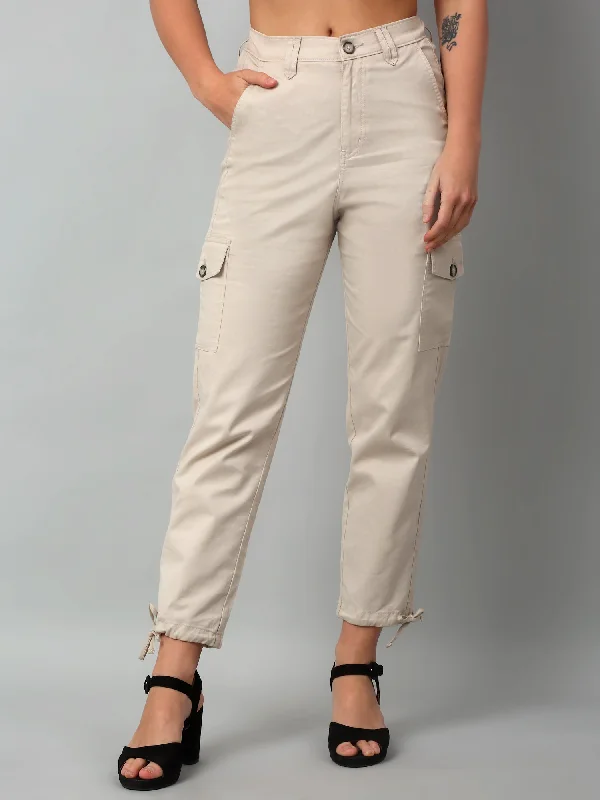 Women's Casual  Beige Ankle length Mid rise Cargo Pants