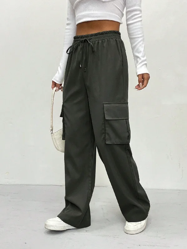 Amy Fashion - Flap Pocket Side Drawstring Waist Cargo Pants