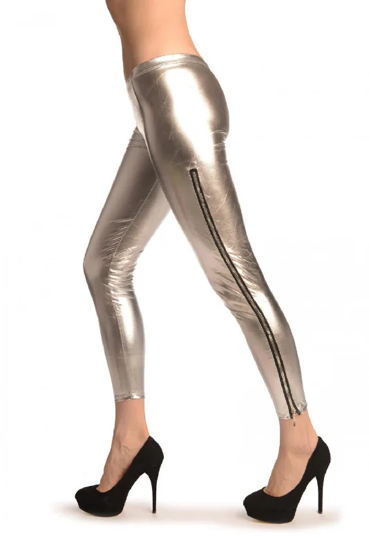 Silver Shiny Faux Leather Wet Look With Side Zip