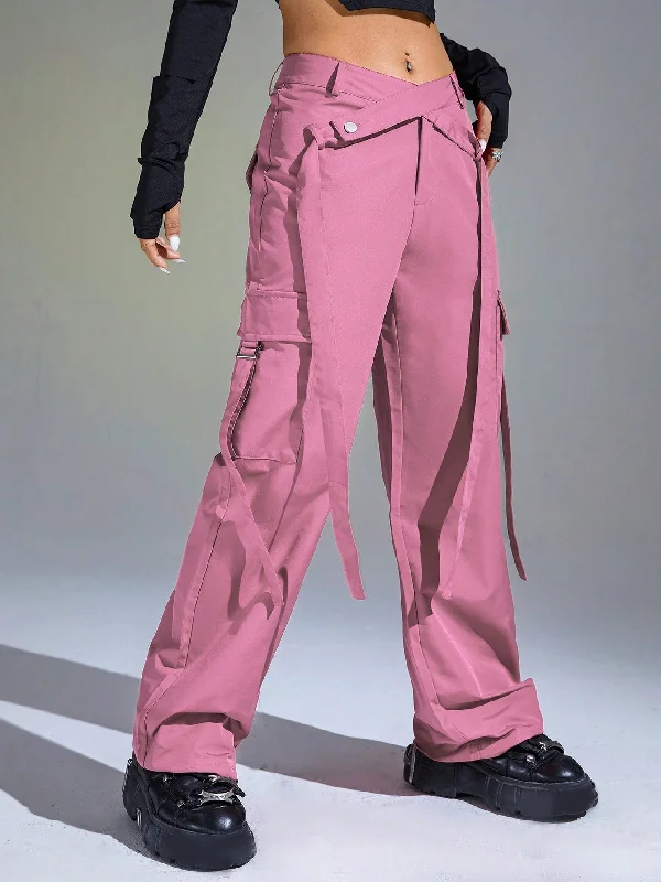 Amy Fashion - Solid Flap Pocket Cargo Pants